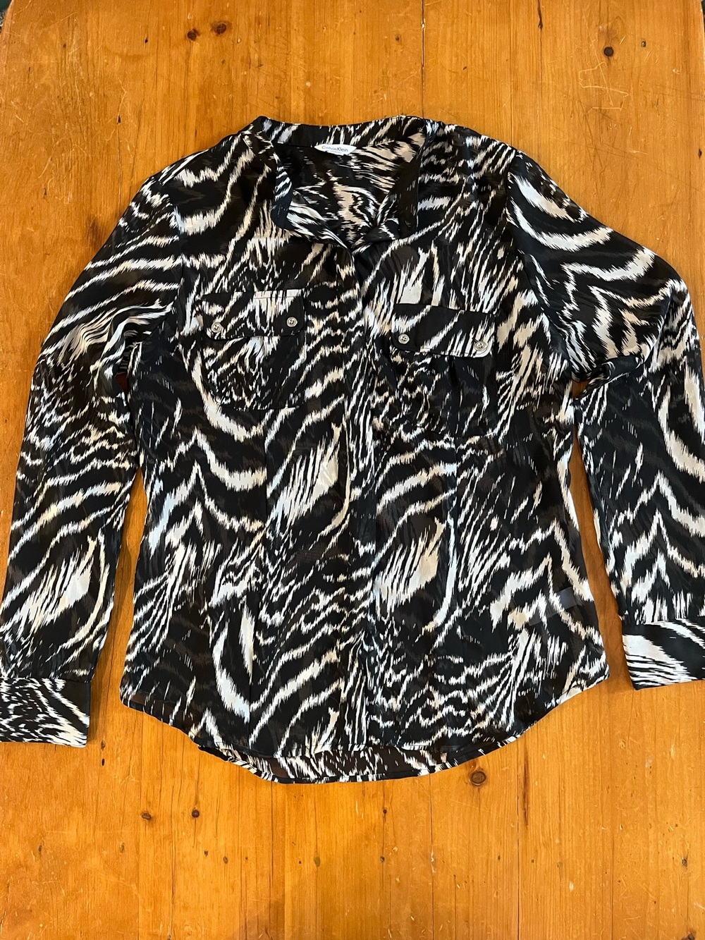 Calvin Klein Zebra Print Mandarin Collar Sheer Button Down Shirt
